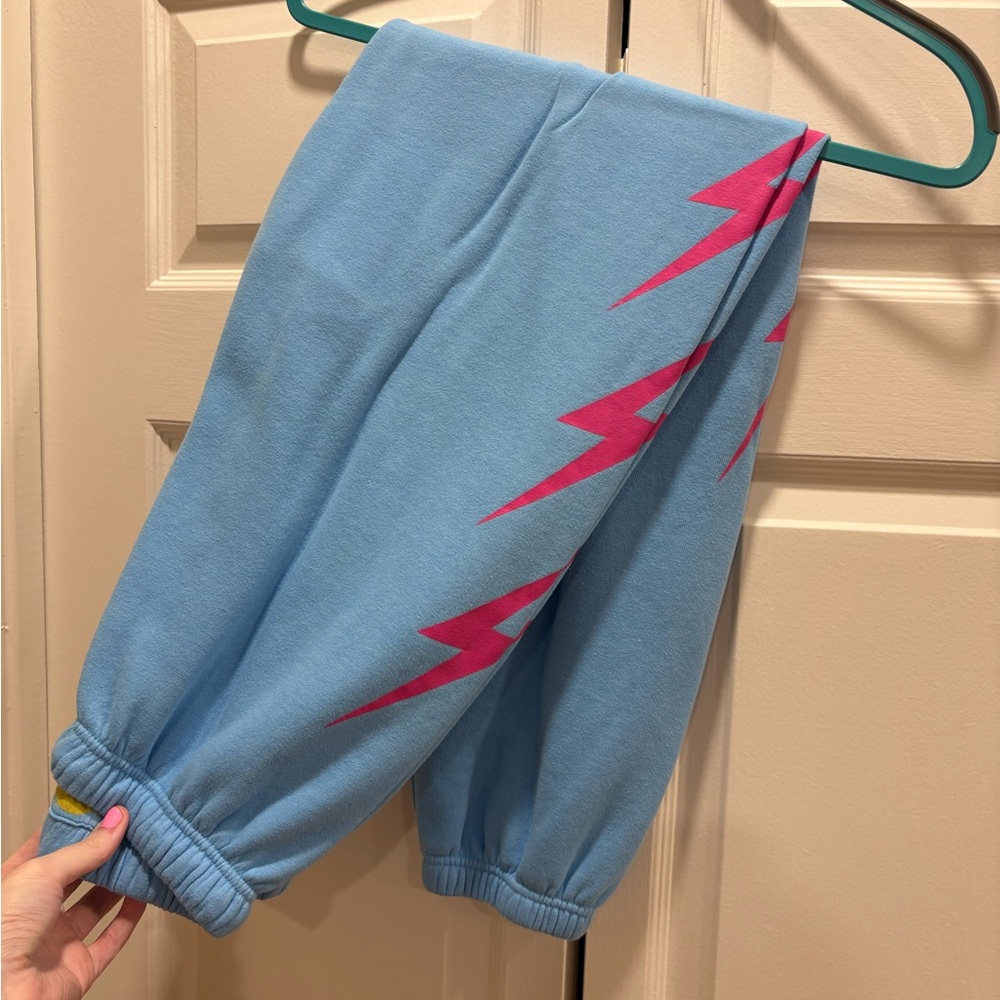 Aviator Nation Light Blue Joggers with Pink Lightning Bolts